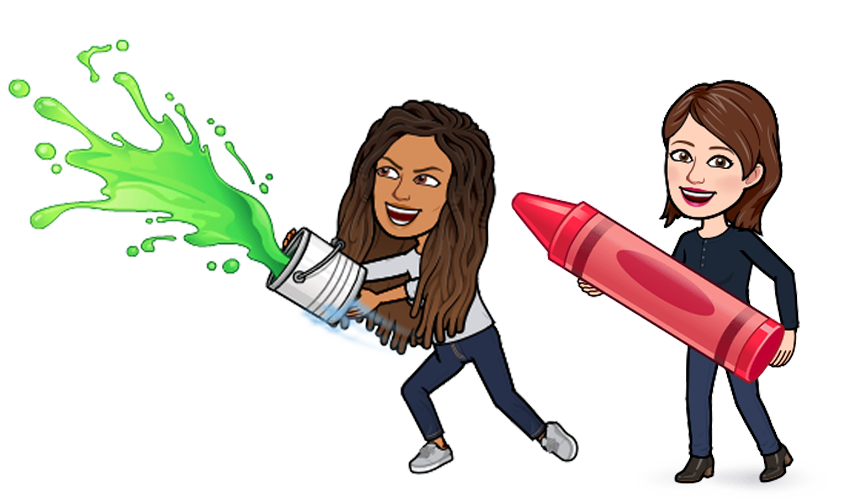 Two bitmoji characters holding a paint bucket and a giant crayon.