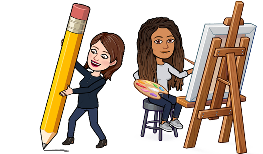 two bitmoji characters, one with a giant pencil and one painting at an easel.