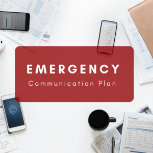 Emergency Communication Plan text written with a mobile, coffee cup and paper background