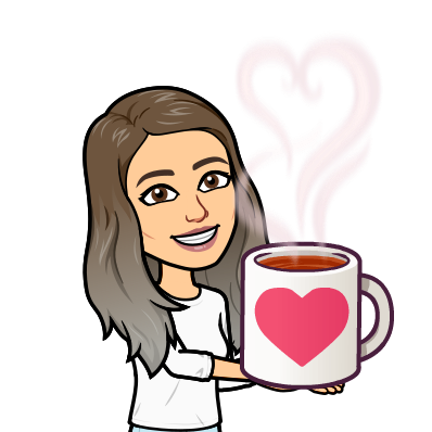 Bitmoji of woman with brown hair and white shirt holding a coffee cup with big pink heart decoration