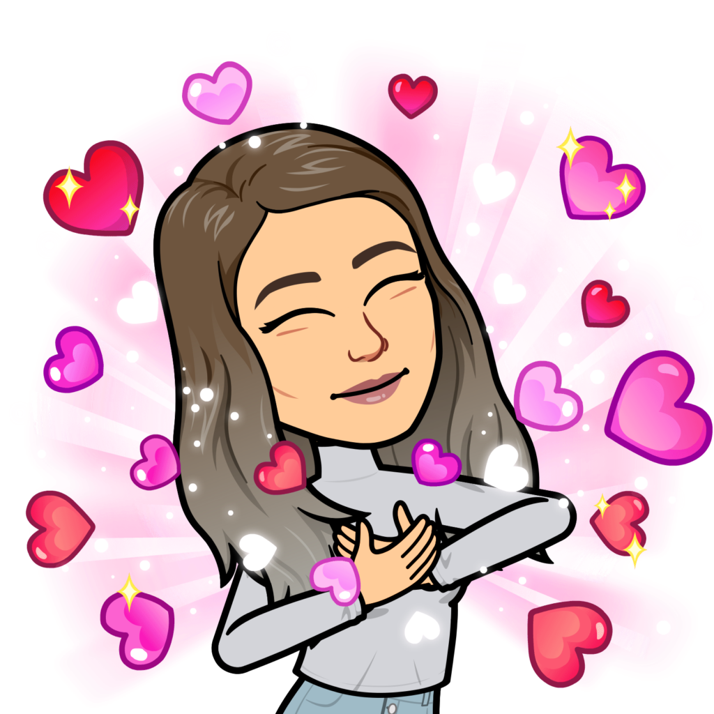 Bitmoji of woman with brown hair surrounded by hearts