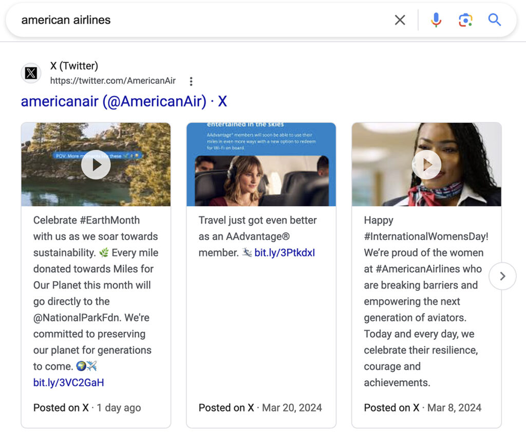 A screenshot of how American Airlines X feed, including videos and images, displays on Google's search engine results page.